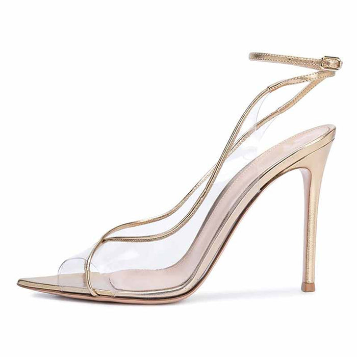 Clear Heels Sandals Gold Ankle Strap Sexy High Heeled Stiletto Dress Shoes