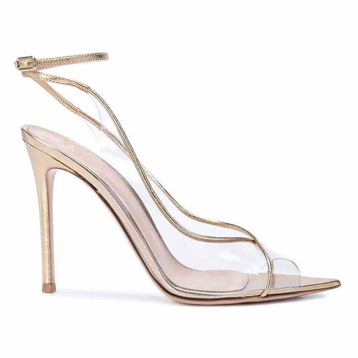 Clear Heels Sandals Gold Ankle Strap Sexy High Heeled Stiletto Dress Shoes