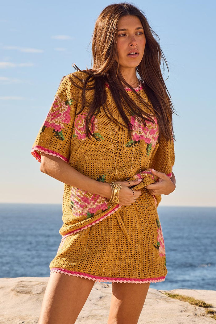 Spell women's Coastal Granny Top in mustard knit with pink floral embroidery and contrast trim