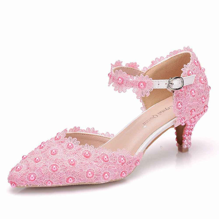 Pretty pink Comfortable bridal sandals low heel with lace and pearl detailing