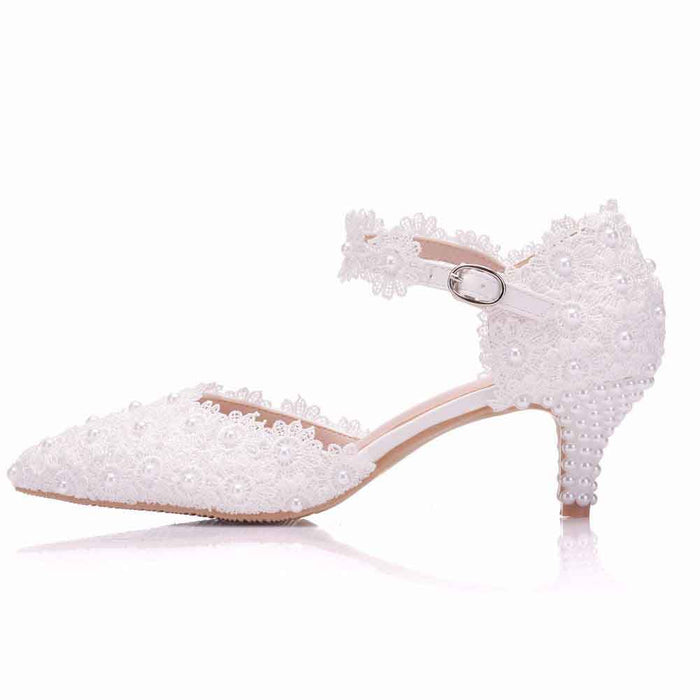 White Comfortable bridal sandals low heel with floral lace design and ankle strap