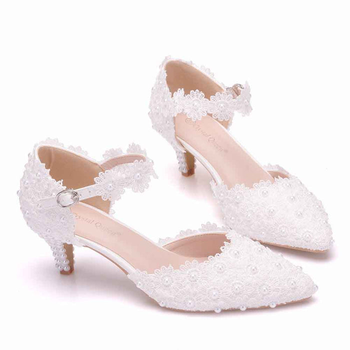 White comfortable bridal sandals low heel with lace and pearl detailing for weddings