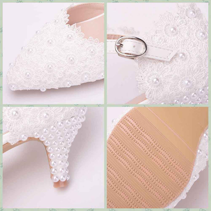 Comfortable bridal sandals low heel with lace and pearl detailing for elegant wedding style