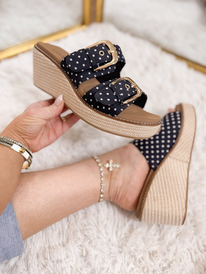 Corky's Black White Polka Dot Manifest Wedges - Macoma Boutique302 Wedges & Heels