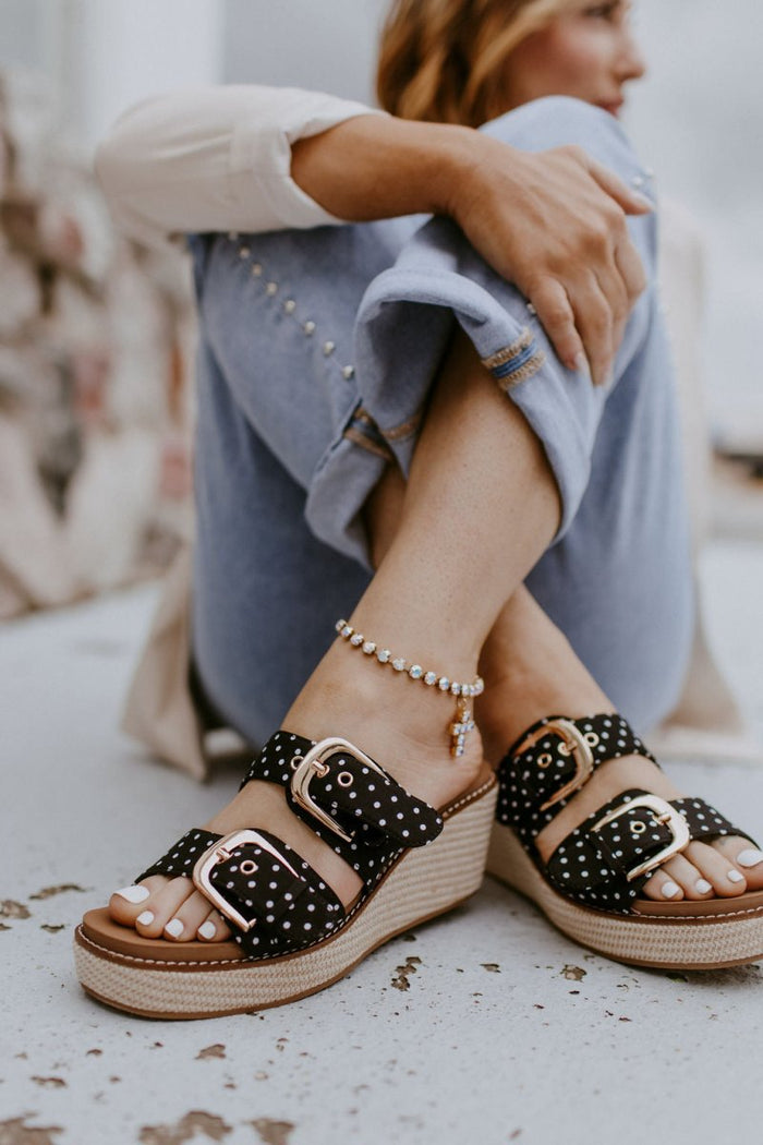 Corky's Black White Polka Dot Manifest Wedges - Macoma Boutique302 Wedges & Heels