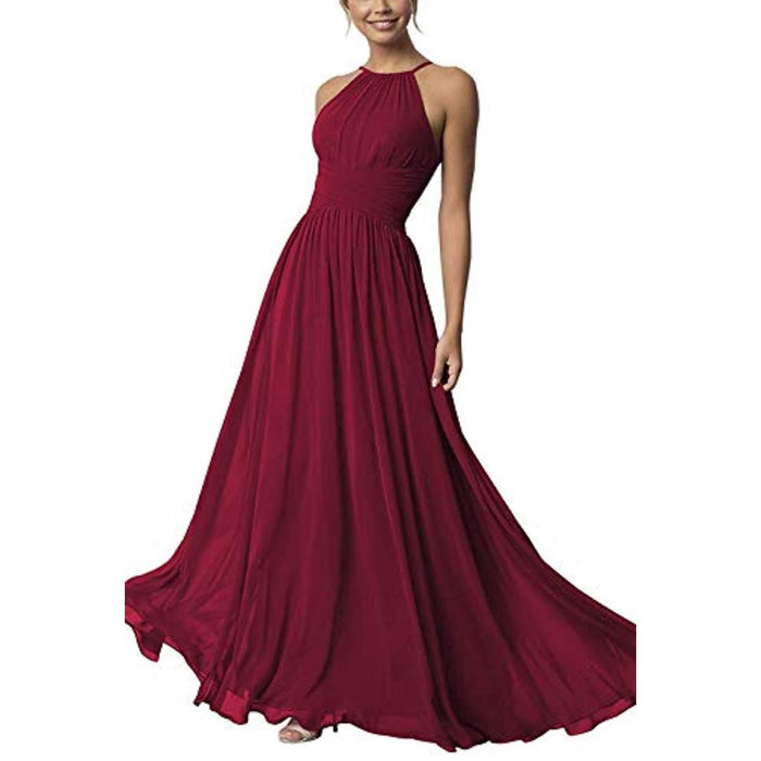 Elegant Burgundy Country Chiffon Bridesmaid Dress with Halter Neck and Flowing Skirt