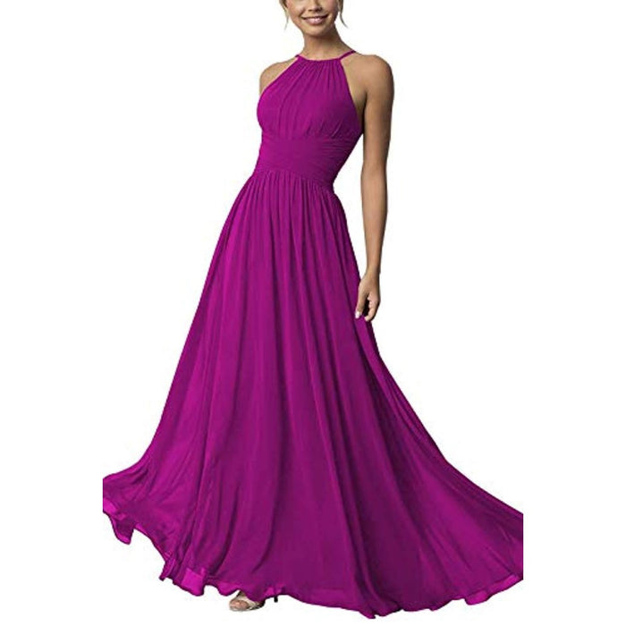 Elegant country chiffon bridesmaid dress in vibrant fuchsia with a flattering halter neckline