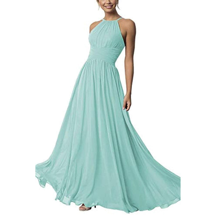 Elegant mint green country chiffon bridesmaid dress with halter neckline and flowing skirt