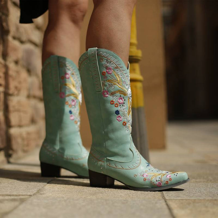 Stylish country style bridal boots for women in mint green with floral embroidery