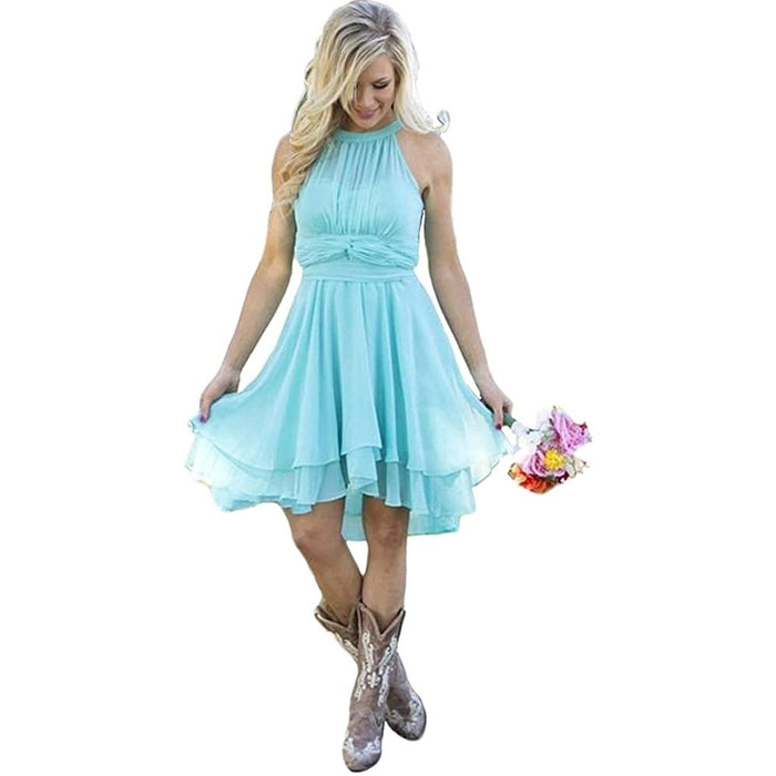 Light blue bridesmaid dress with a halter neck for country wedding guest dresses