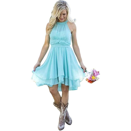 Light blue bridesmaid dress with a halter neck for country wedding guest dresses