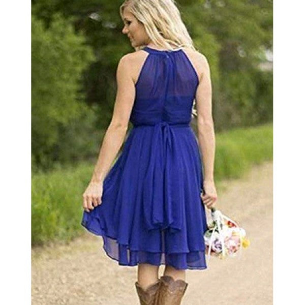 Back view of a blue bridesmaid dress, perfect for country wedding guest dresses with a flowing skirt