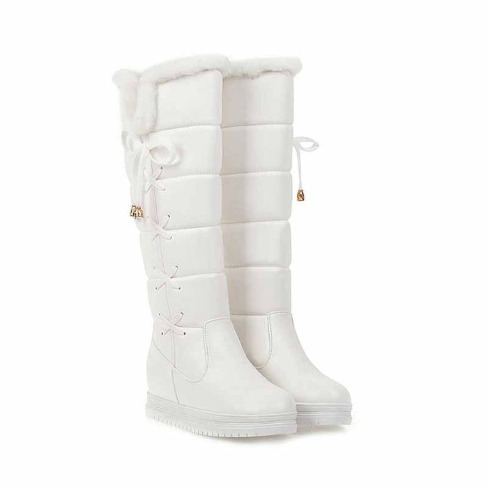 White SD-HK cute winter boots for women with fur lining and lace-up design for warmth and style