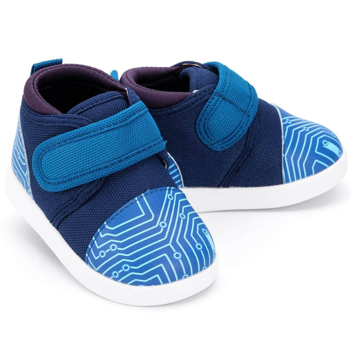 Cyber Stomp Squeakerless Toddler Shoes | Blue Circuit Board Pattern Squeakerless Shoes ikiki® Shoes Size 3