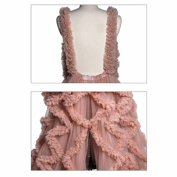 Deep V Neck Flare Ruffles Tulle Robe Maternity Gown for Photo Shoot Off Shoulder Gown
