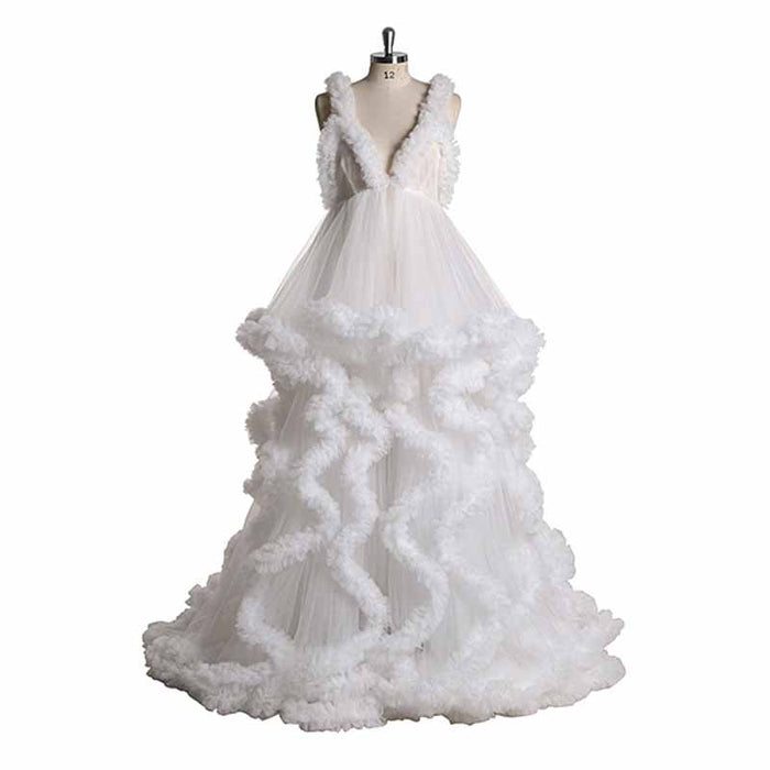 Deep V Neck Flare Ruffles Tulle Robe Maternity Gown for Photo Shoot Off Shoulder Gown