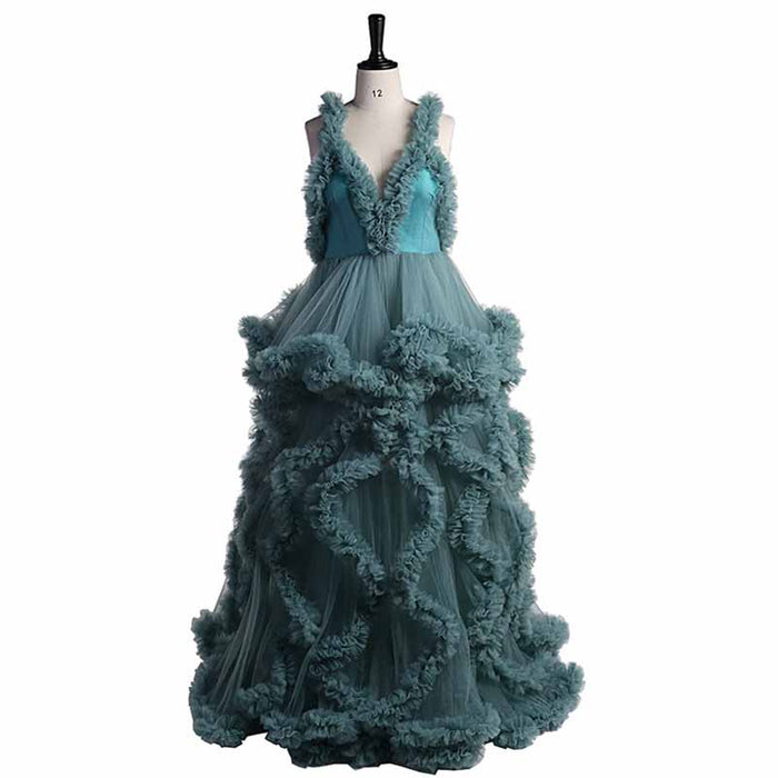 Deep V Neck Flare Ruffles Tulle Robe Maternity Gown for Photo Shoot Off Shoulder Gown