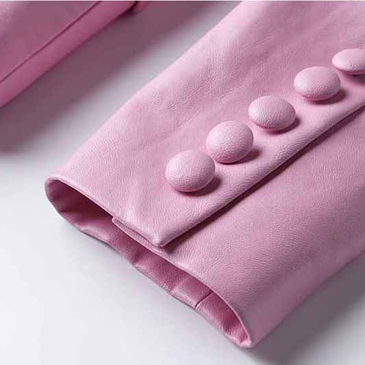 Double Breasted Pink Blazer For Women PU Blazers Jacket In Pink