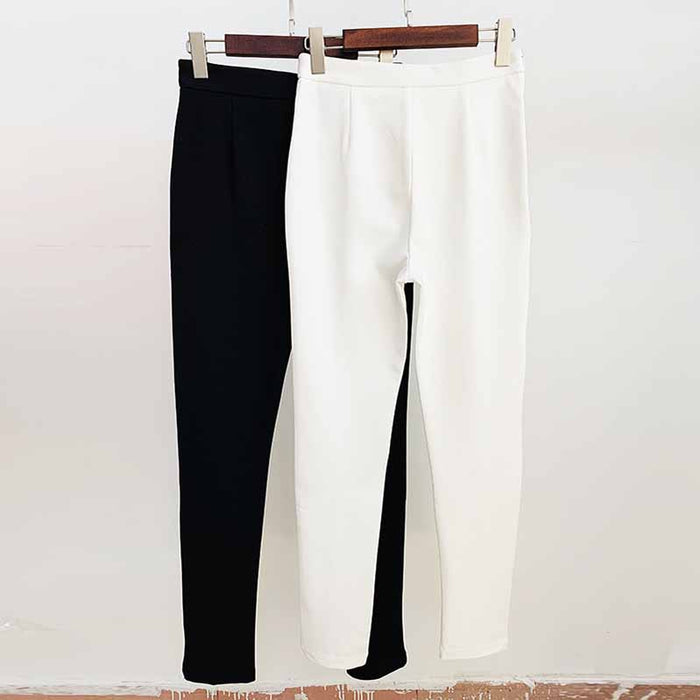 Elastic White Skinny Formal Pants Gold-tone Buttons Pencil Pants Black