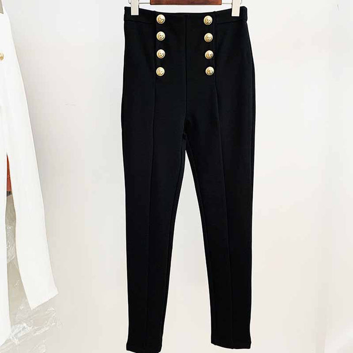 Elastic White Skinny Formal Pants Gold-tone Buttons Pencil Pants Black