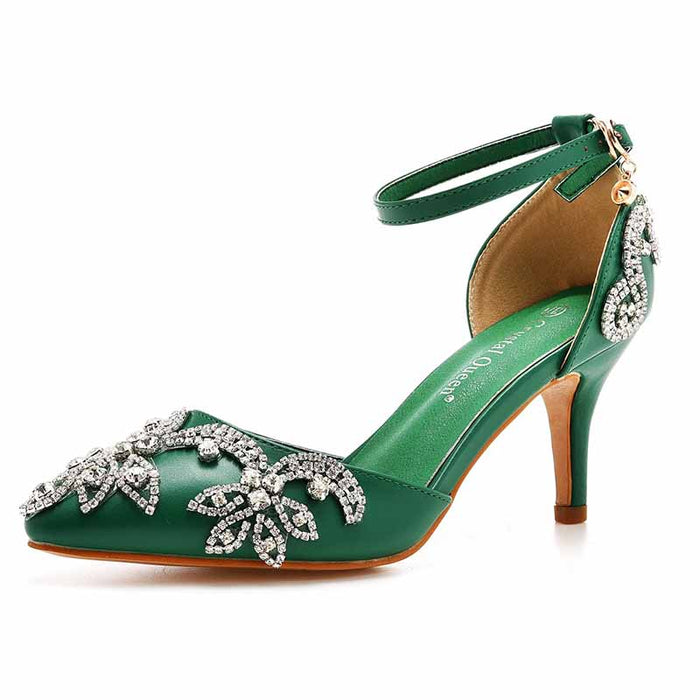 Elegant green bridal crystal heels for wedding with intricate embellishments and ankle strap