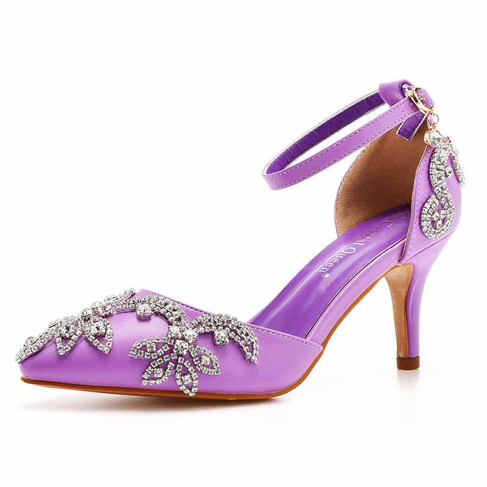 Lavender bridal crystal heels for wedding with elegant floral embellishments and ankle strap