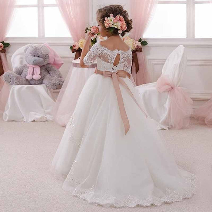 Elegant Flower Girl Lace Beading First Communion Dress 2-12 Years Old