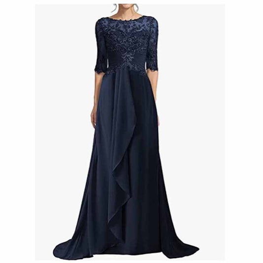 Elegant navy blue mother of the bride dresses with lace bodice and flowing skirt for formal events