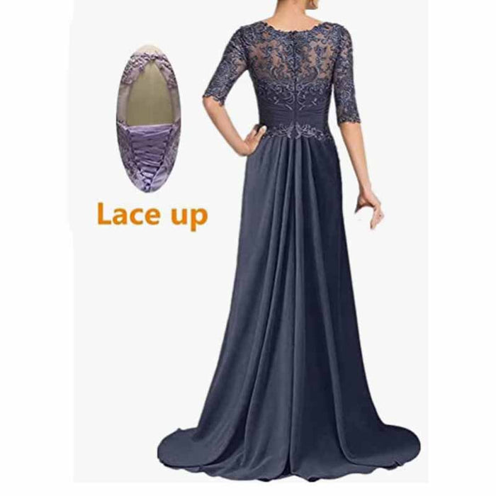 Elegant lace-up back navy blue mother of the bride dresses with detailed floral embroidery