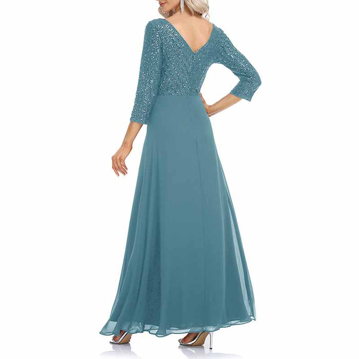 Elegant V-Neck Long Sleeve Sequin Stretch Evening Party Dress