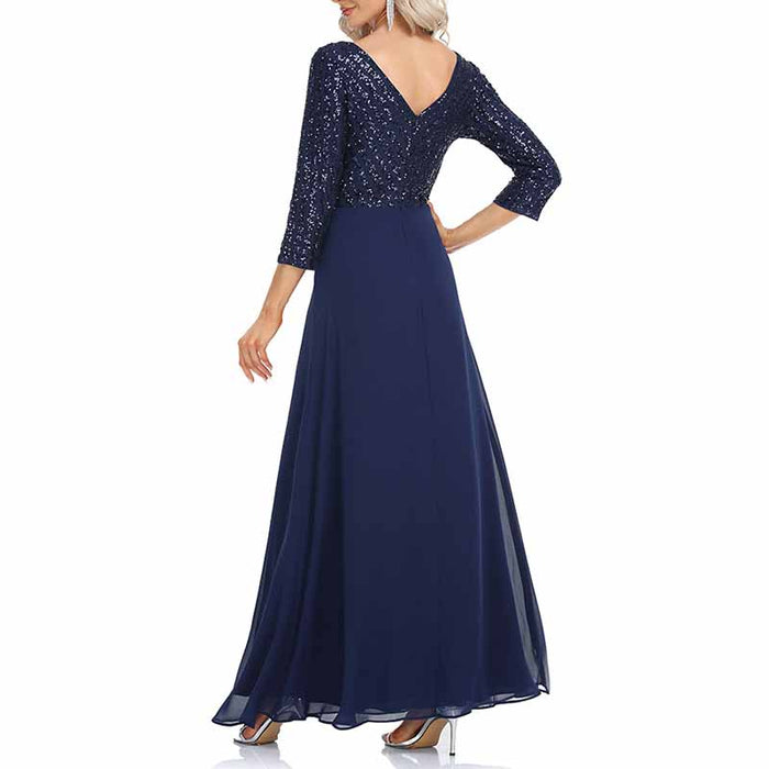 Elegant V-Neck Long Sleeve Sequin Stretch Evening Party Dress