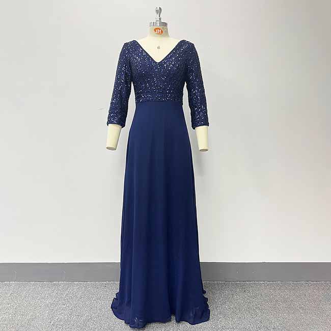 Elegant V-Neck Long Sleeve Sequin Stretch Evening Party Dress