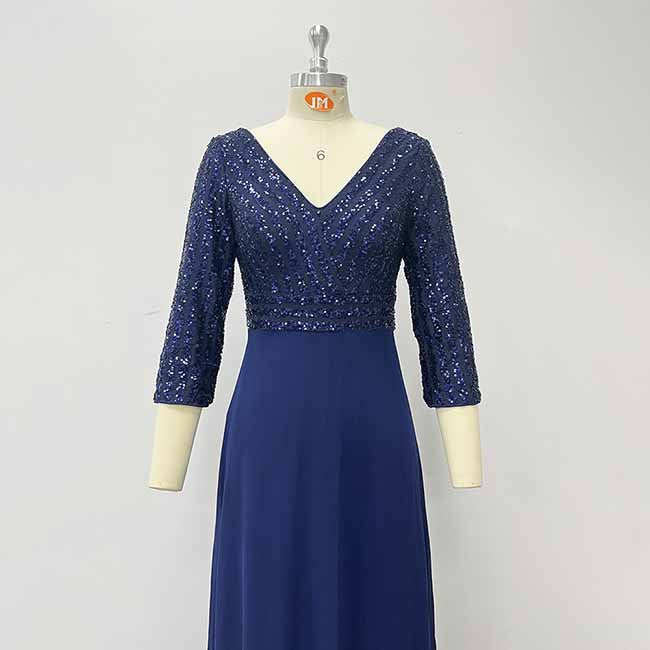 Elegant V-Neck Long Sleeve Sequin Stretch Evening Party Dress