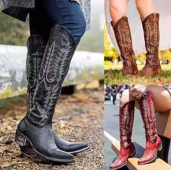 Three pairs of embroidered western boots for women in various colors and designs, featuring intricate patterns