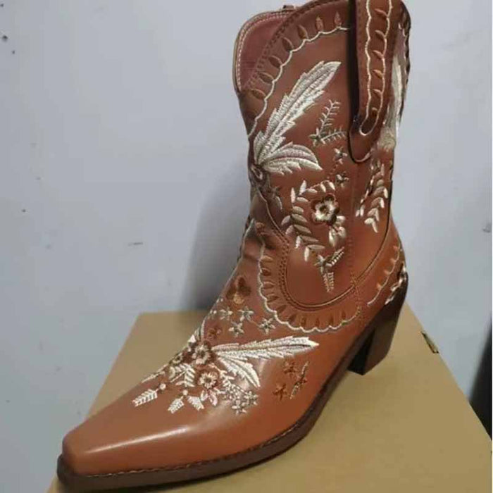 Embroidered Western Mid-calf Boots Walking Boots