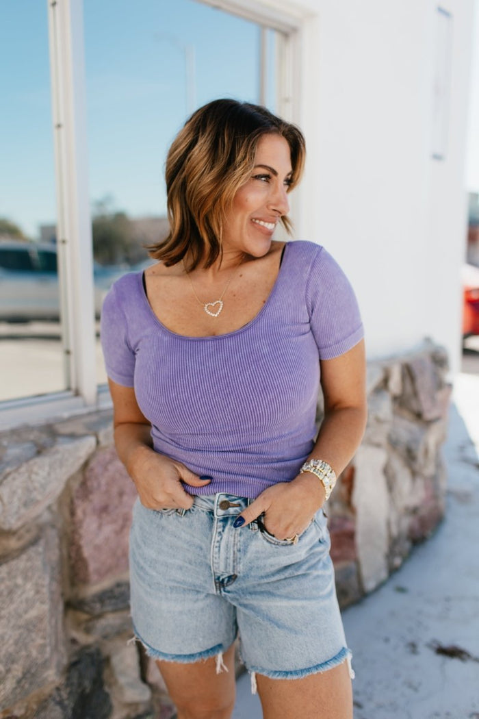 Everyday Casual Ribbed Seamless Top In Lavender - Reg & Curvy - Macoma Boutique100 Short Sleeve
