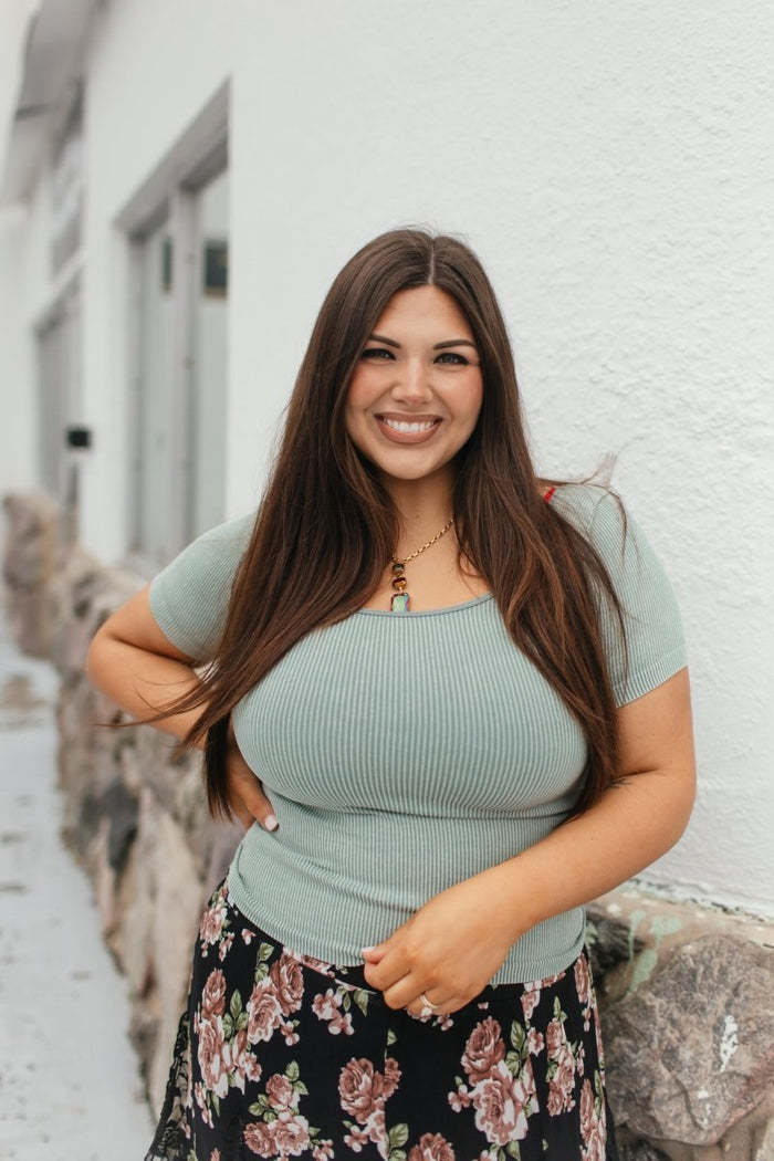Everyday Casual Ribbed Seamless Top In Smokey Olive - Reg & Curvy - Macoma Boutique100 Short Sleeve