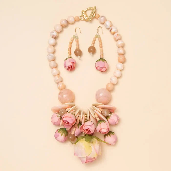 Fabric Flower Necklace - Pink