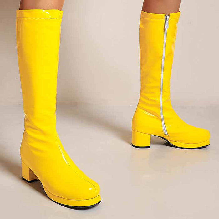 Bright yellow fashion boots with zipper for women featuring a sleek design and high heels