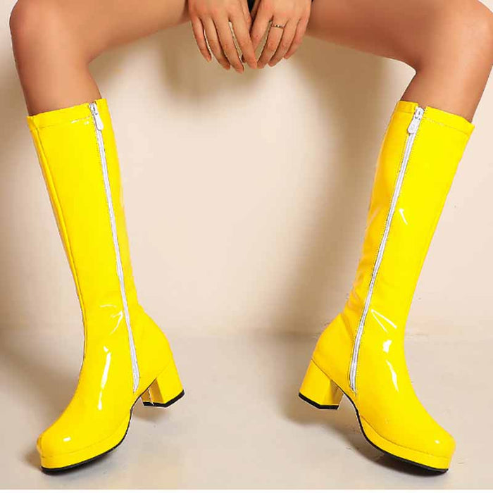 Bright yellow fashion boots with zipper for women featuring a sleek design and stylish block heels