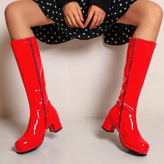Red fashion boots with zipper for women featuring a stylish knee-high design
