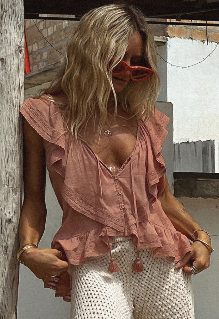 Spell women's Fleur Lace Frill Sleeveless Blouse in Rose pink with ruffle trim and tassel ties