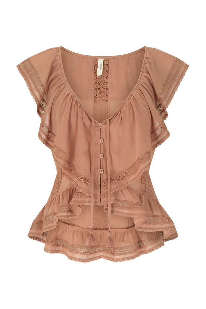 Rose blouse flat lay showing lace trim panels, flutter sleeves, button front, tassel ties, and tiered frill hem