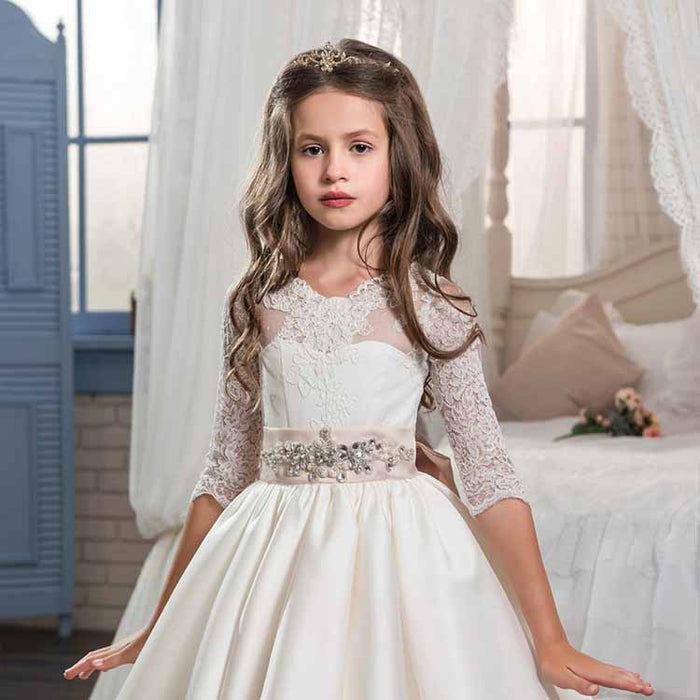 Flower Girl Dress Sheer Neck Satin Holy Communion Ball Gowns Elegant