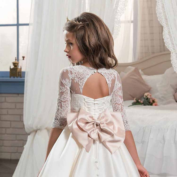 Flower Girl Dress Sheer Neck Satin Holy Communion Ball Gowns Elegant