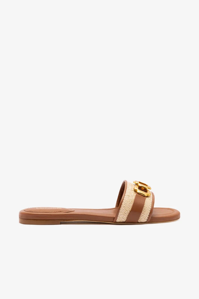 Franca Flat In Natural Raffia And Caramel Leather Flat - Sandal Larroudé