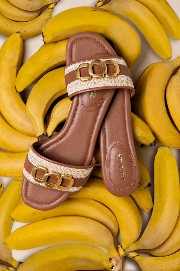 Franca Flat In Natural Raffia And Caramel Leather Flat - Sandal Larroudé