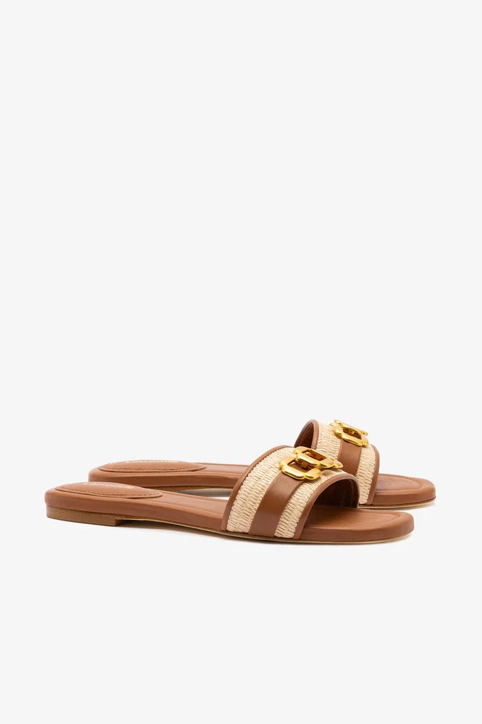 Franca Flat In Natural Raffia And Caramel Leather Flat - Sandal Larroudé