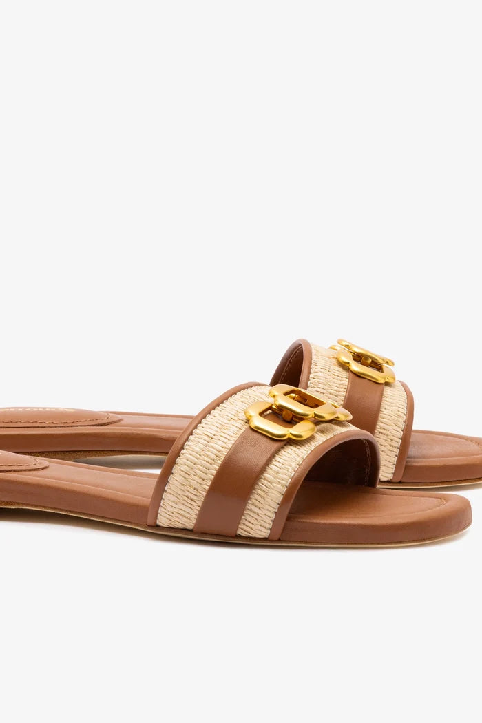 Franca Flat In Natural Raffia And Caramel Leather Flat - Sandal Larroudé