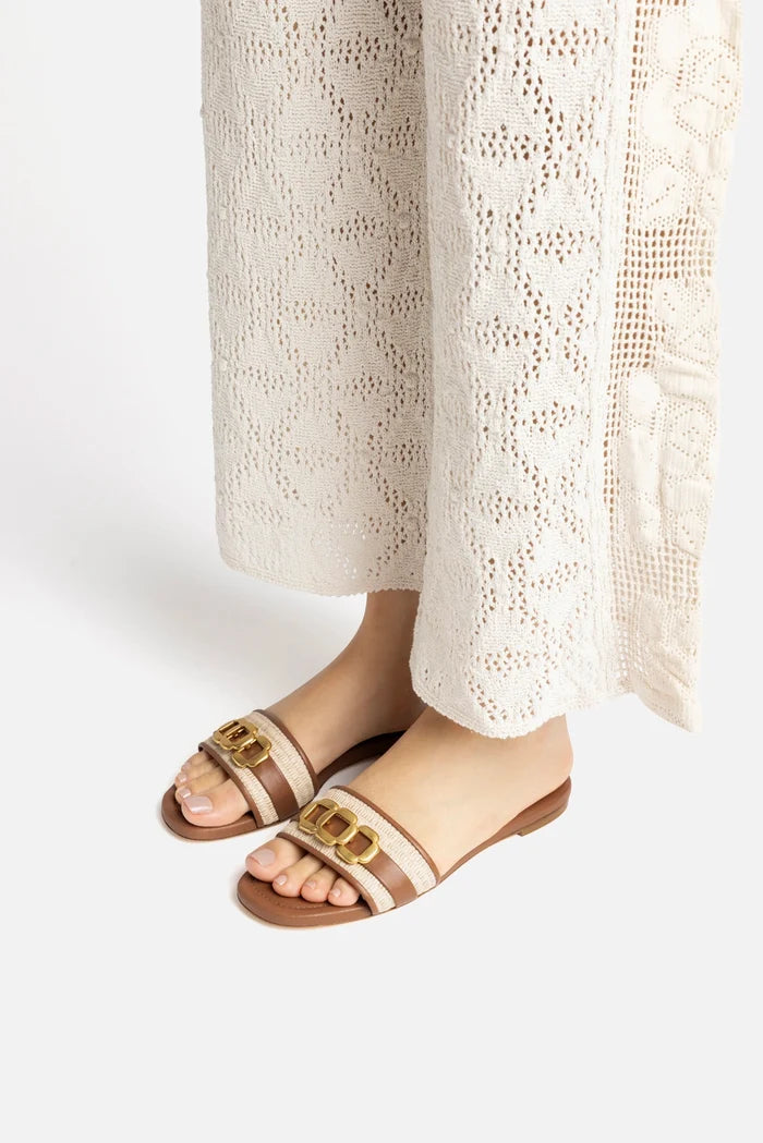 Franca Flat In Natural Raffia And Caramel Leather Flat - Sandal Larroudé